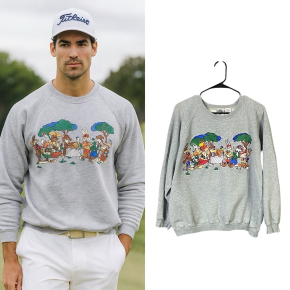 Vintage 1991 Acme Clothing Looney Tunes Golf Embroidered Grey Sweatshirt XL - Picture 1 of 8